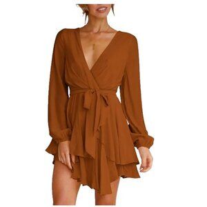 NEW Cosonsen Deep V-Neck Long Sleeve Waist Tie Swing Skater Dress Women's S